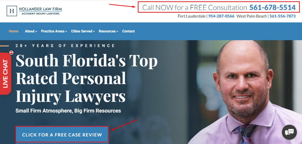 Hollander Law Firm landing page with CTAs