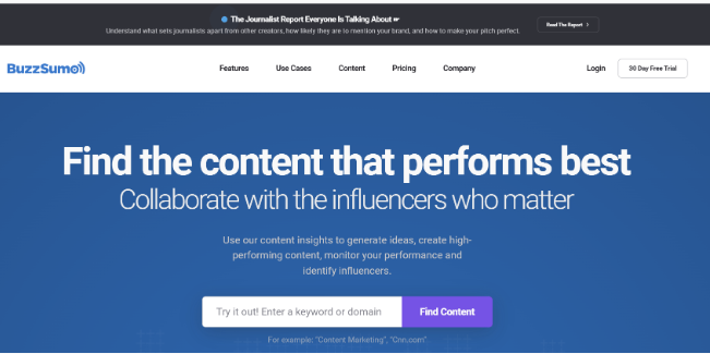 Frontpage description from Buzzsumo website, a tool that helps SEO specialists find appropriate social media influenecers for collaboration.
