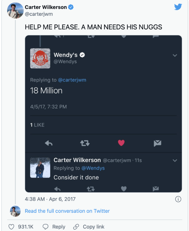 An example of the tweet tha wen viral on social media and brought tons of backlincks to Wendy's fast-food chain.